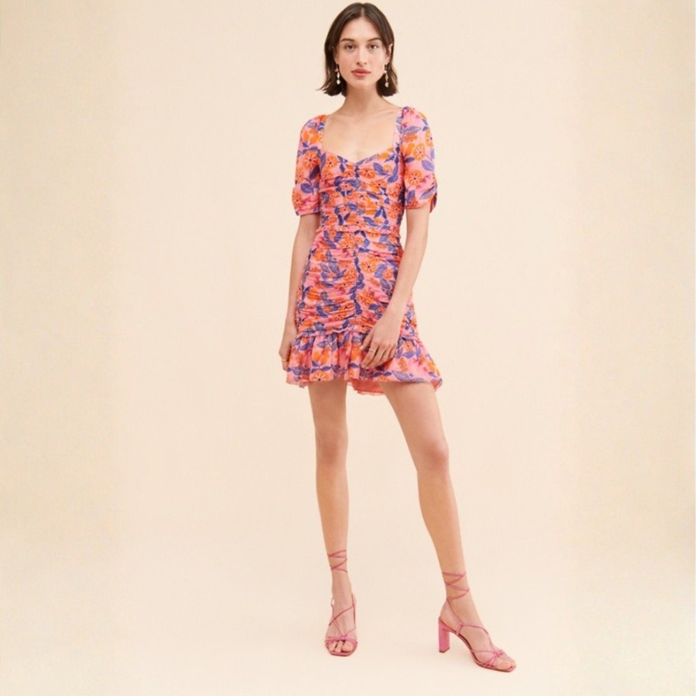 SAYLOR Joelene Mini Dress Pink Floral Ruched Puff Sleeve Sweetheart Neck Size M